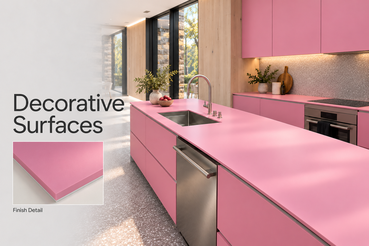 Kitchen concept visualization inspired by a real Daycora Candy Floss installation, showing opaque pink decorative surfaces and a finish-detail inset.