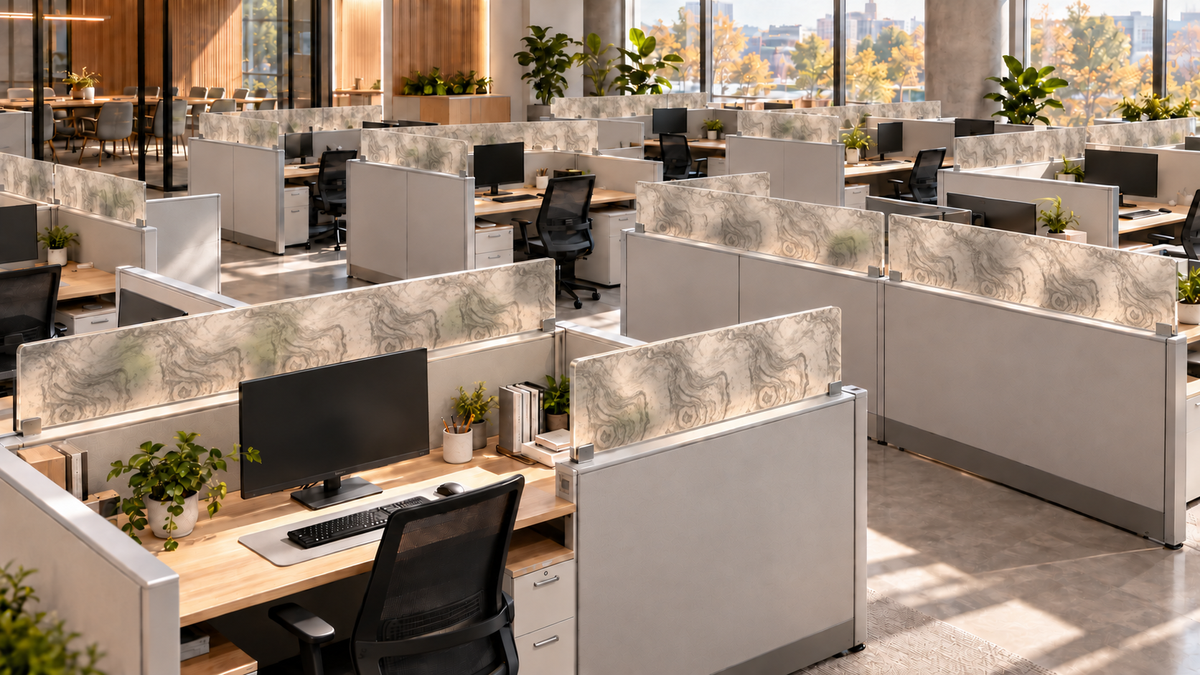 Aged Wood — office desk translucent privacy screens, application concept.