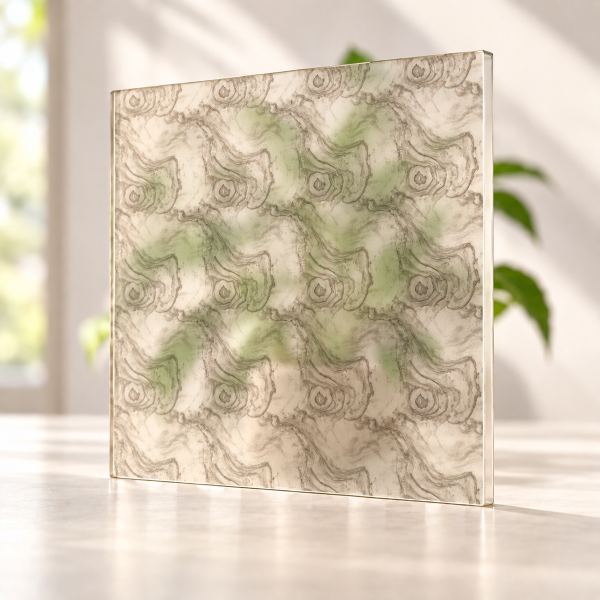 Aged Wood digitally printed nature finish on a translucent frosted privacy panel, with daylight and softly diffused foliage visible through the panel.