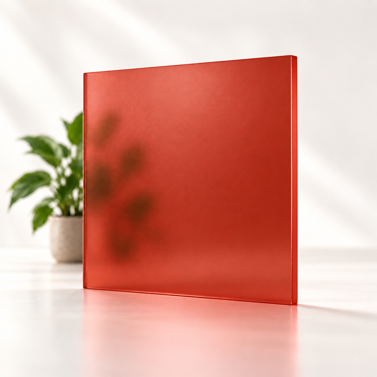 Concept rendering of Daycora Big Top translucent frosted sample panel diffusing light and obscuring a plant silhouette.