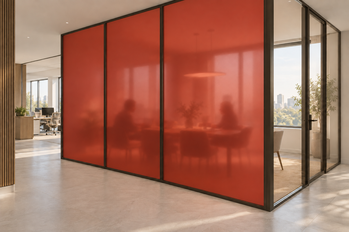 Concept rendering of Daycora Big Top frosted panels forming an office meeting-room privacy partition.