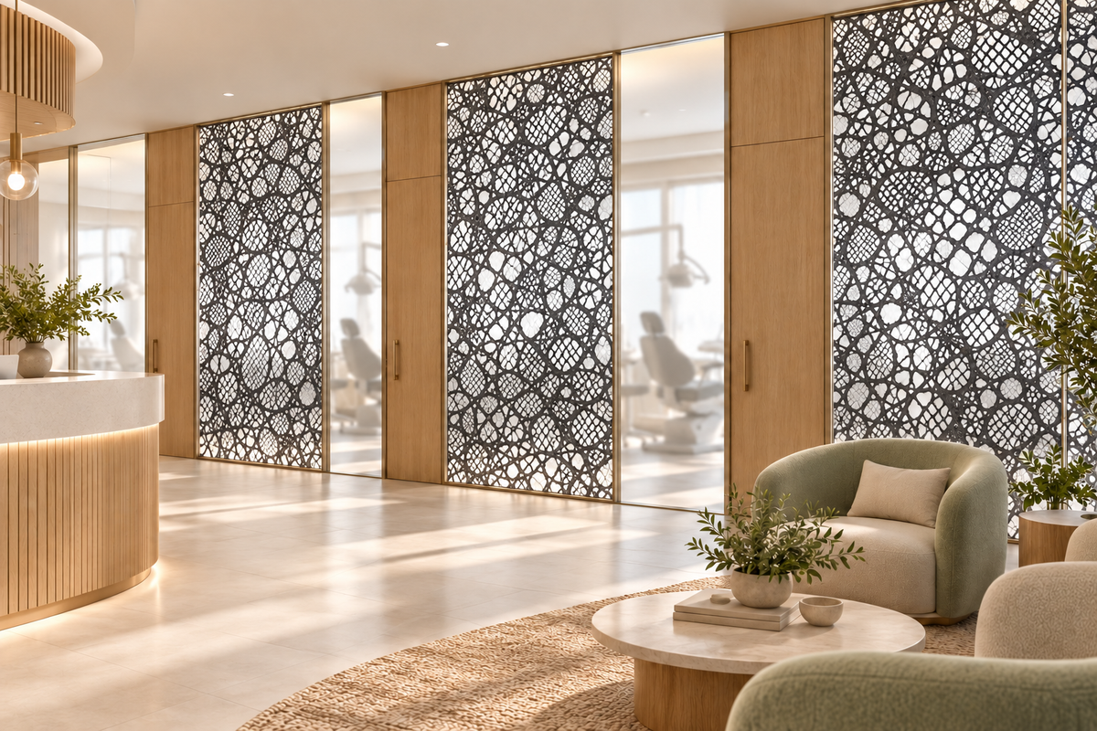 Black Lace — dental office translucent privacy panels, application concept.