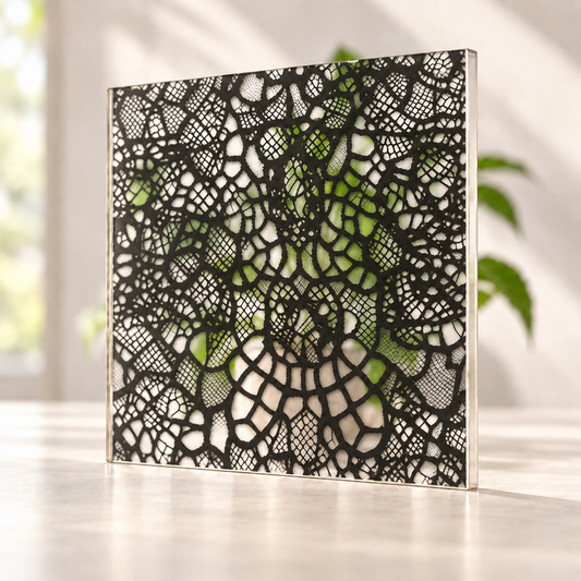 Black Lace digitally printed textiles finish on a translucent frosted privacy panel, with daylight and softly diffused foliage visible through the panel.