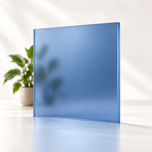 Concept rendering of Daycora Blueberry translucent frosted sample panel diffusing light and obscuring a plant silhouette.