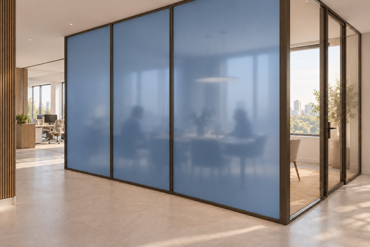 Concept rendering of Daycora Blueberry frosted panels forming an office meeting-room privacy partition.