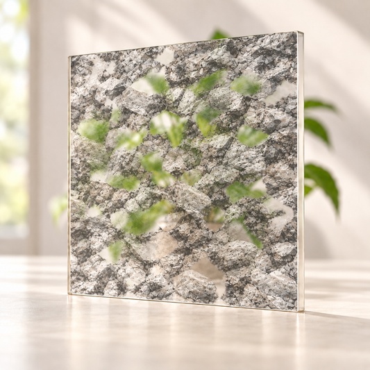 Boulders digitally printed nature finish on a translucent frosted privacy panel, with daylight and softly diffused foliage visible through the panel.
