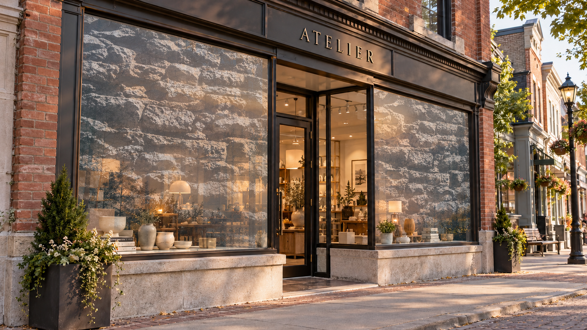 Brick printed on translucent boutique storefront privacy panels; application concept.