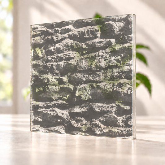 Brick digitally printed on a translucent Daycora sample panel, with light visible through the finish.