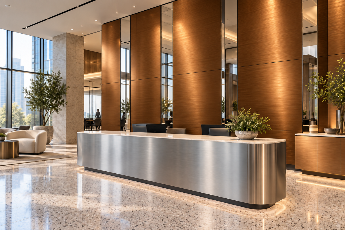 Illustrative office lobby with Bronze Metallics wall panels and cabinet fronts, polished mirror accents and brushed silver reception furniture.