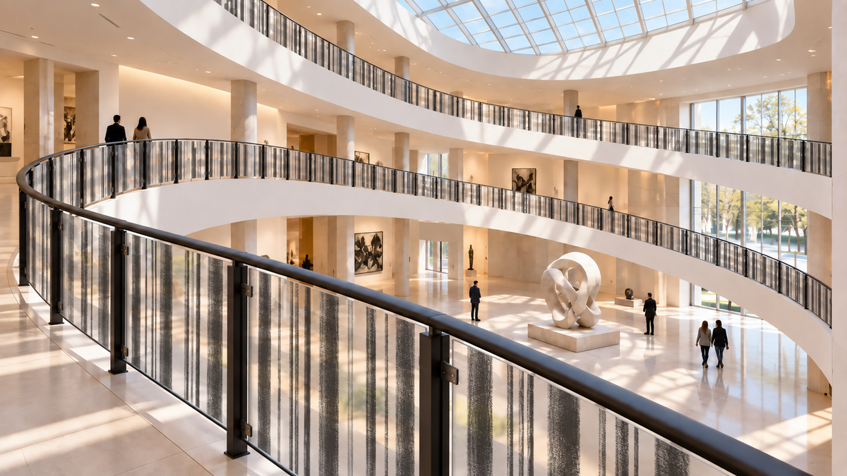 Brushed Stripes printed on translucent frosted railing panels in a museum lobby.