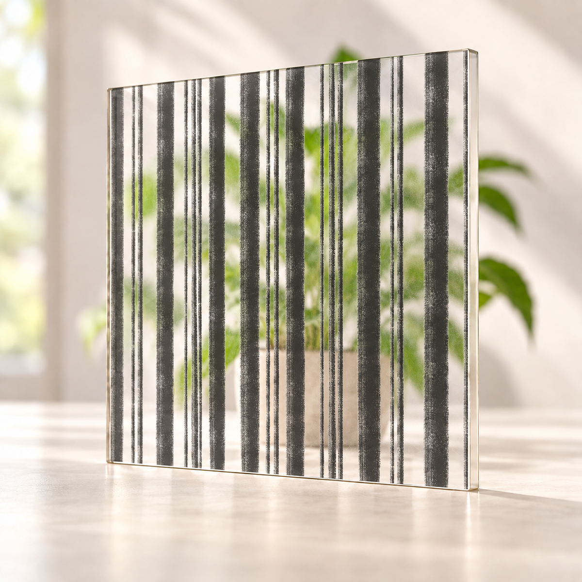 Brushed Stripes printed pattern on a translucent frosted panel, with softly diffused foliage visible through the unprinted spaces.