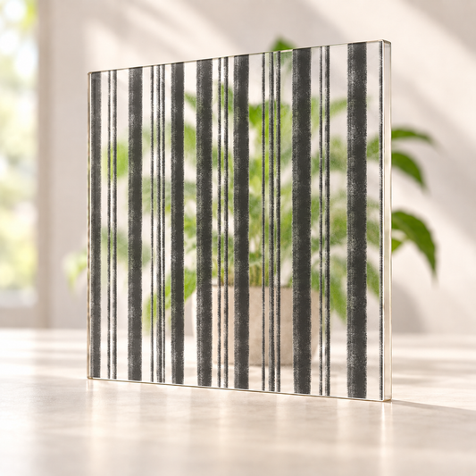 Brushed Stripes printed pattern on a translucent frosted panel, with softly diffused foliage visible through the unprinted spaces.
