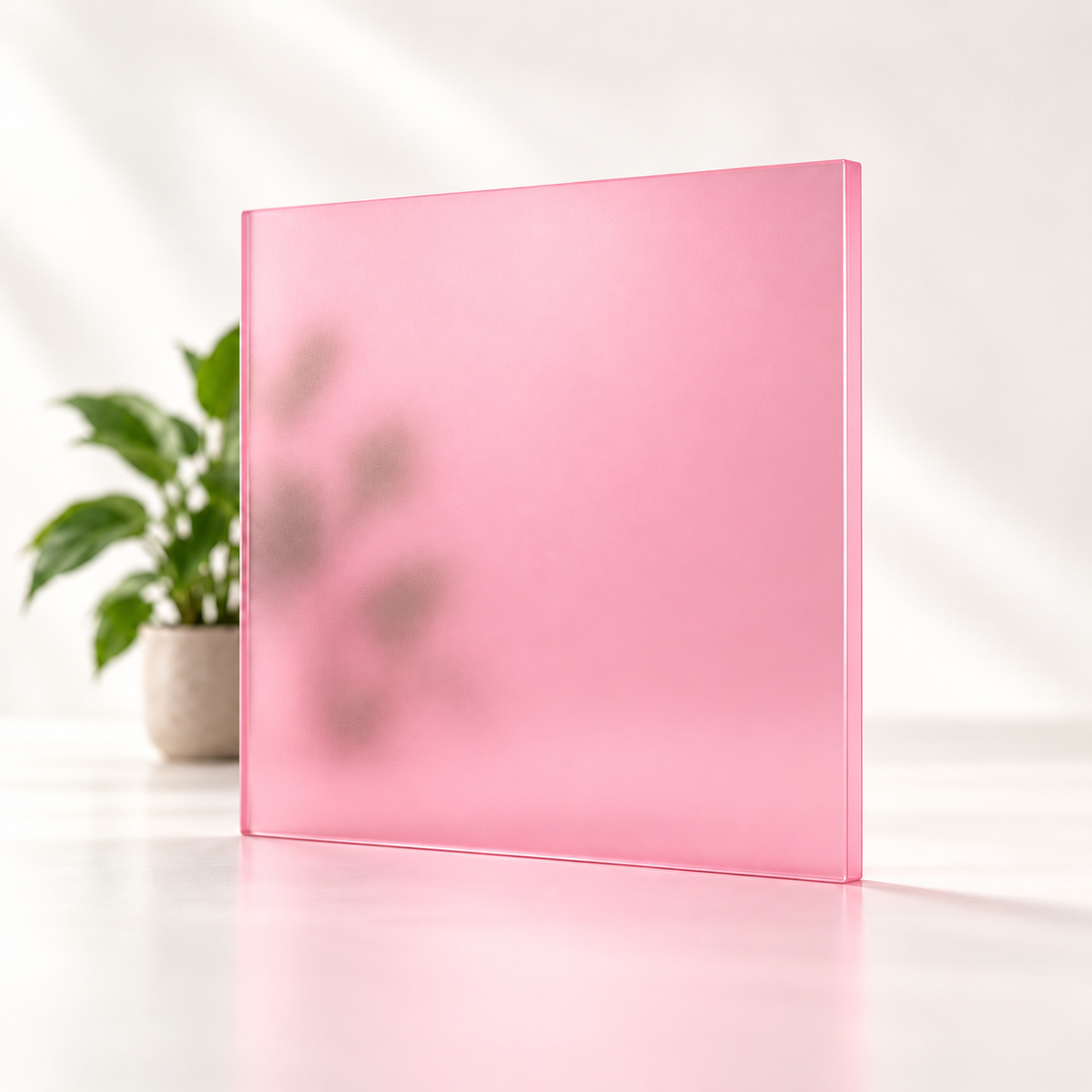 Concept rendering of Daycora Bubblegum translucent frosted sample panel diffusing light and obscuring a plant silhouette.