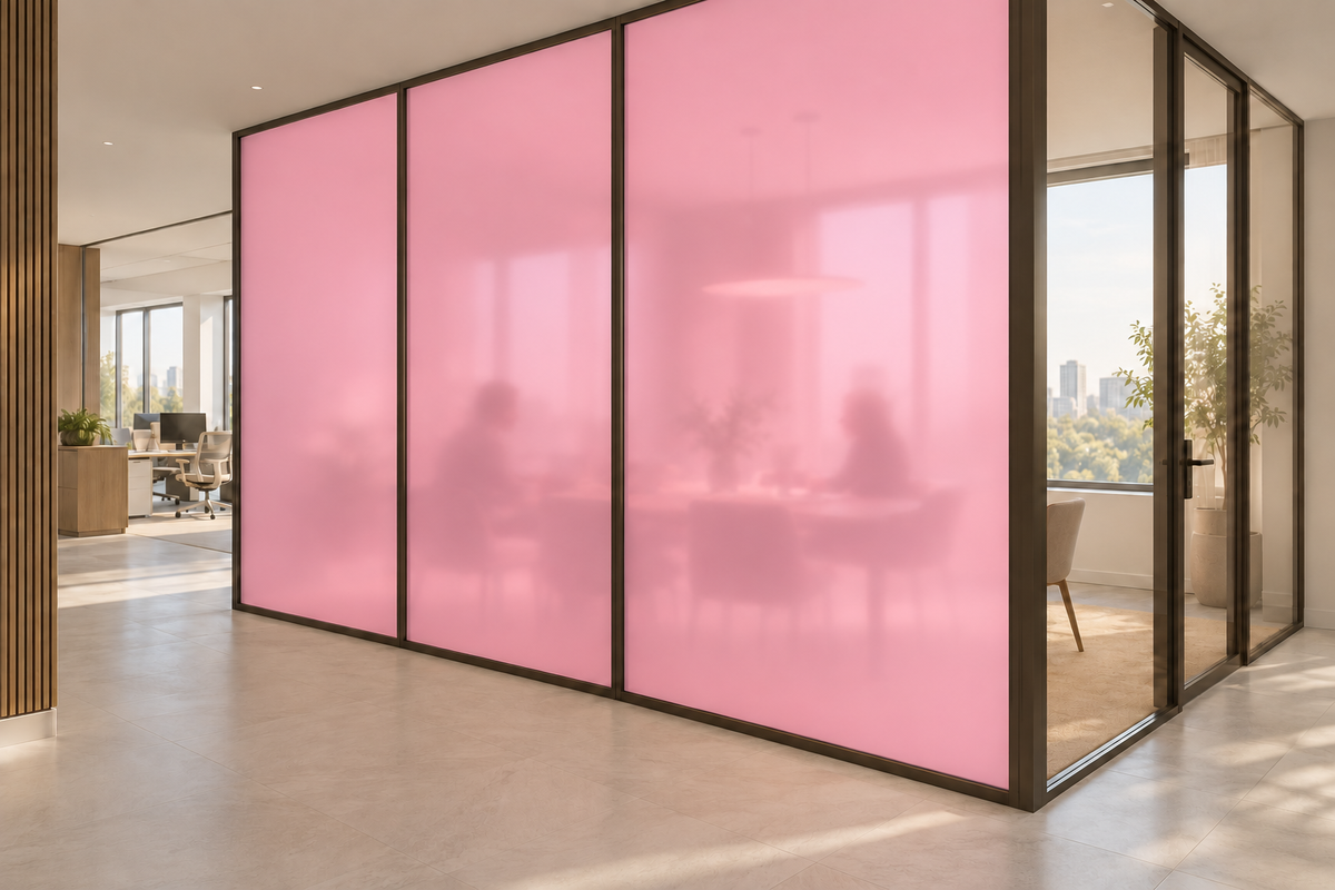 Concept rendering of Daycora Bubblegum frosted panels forming an office meeting-room privacy partition.
