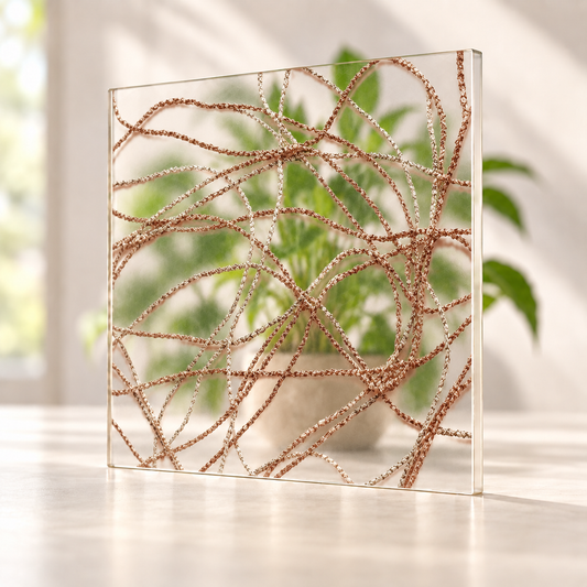 Burnt Bronze digitally printed textiles finish on a translucent frosted privacy panel, with daylight and softly diffused foliage visible through the panel.