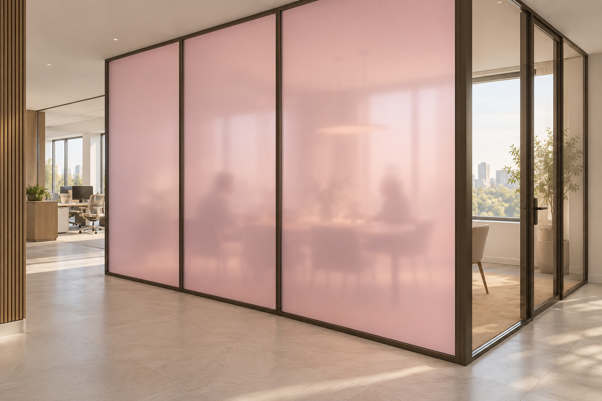 Concept rendering of Daycora Candy Floss pink frosted panels forming an office meeting-room privacy partition.