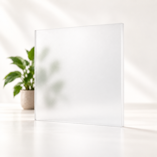 Concept rendering of Daycora Canvas translucent frosted sample panel diffusing light and obscuring a plant silhouette.