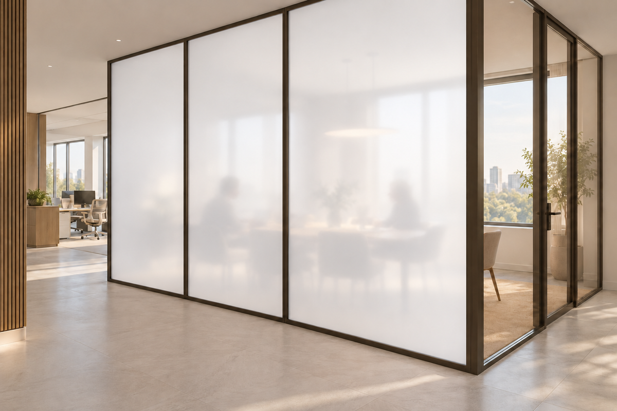 Concept rendering of Daycora Canvas frosted panels forming an office meeting-room privacy partition.