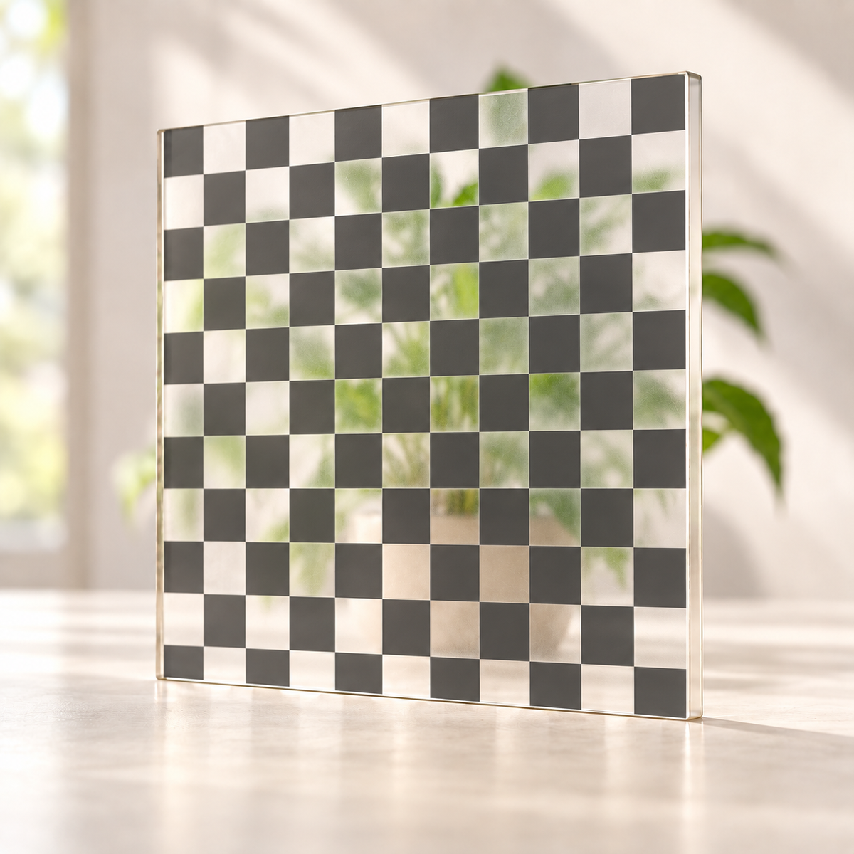 Checkmate printed pattern on a translucent frosted panel, with softly diffused foliage visible through the unprinted spaces.
