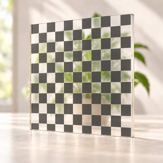 Checkmate printed pattern on a translucent frosted panel, with softly diffused foliage visible through the unprinted spaces.