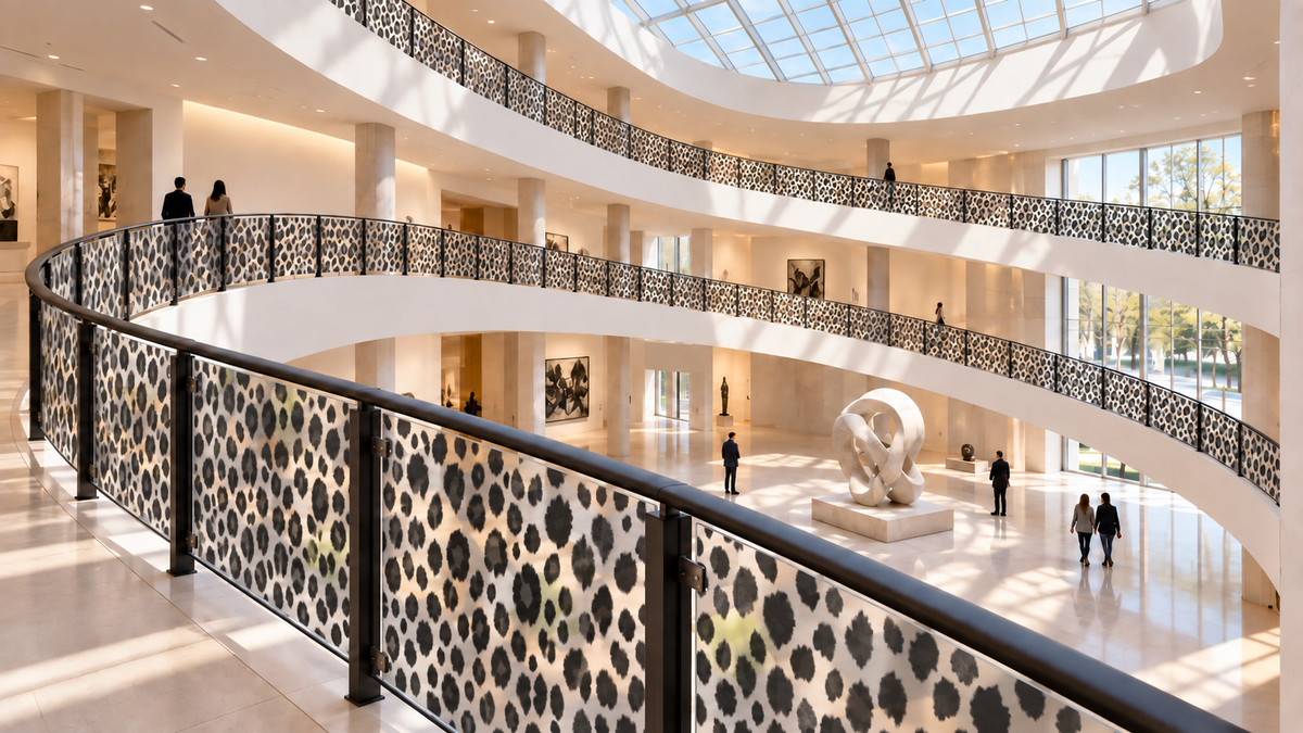 Cheetah Print printed on translucent frosted railing panels in a museum lobby.