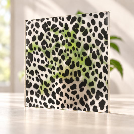 Cheetah Print printed pattern on a translucent frosted panel, with softly diffused foliage visible through the unprinted spaces.
