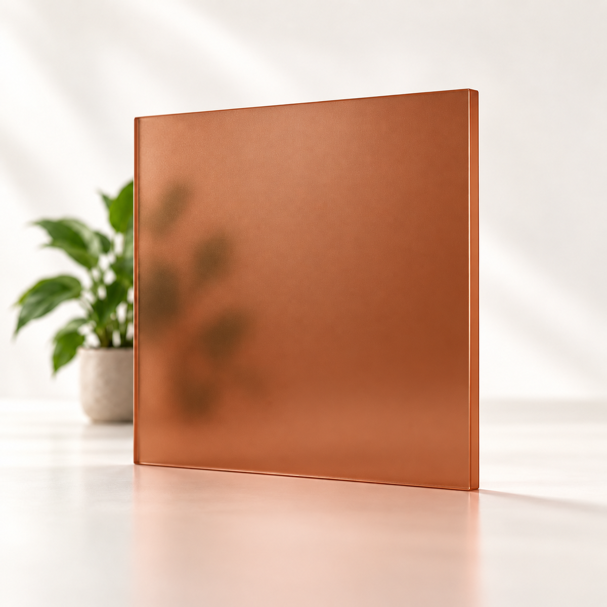 Concept rendering of Daycora Cinnamon translucent frosted sample panel diffusing light and obscuring a plant silhouette.