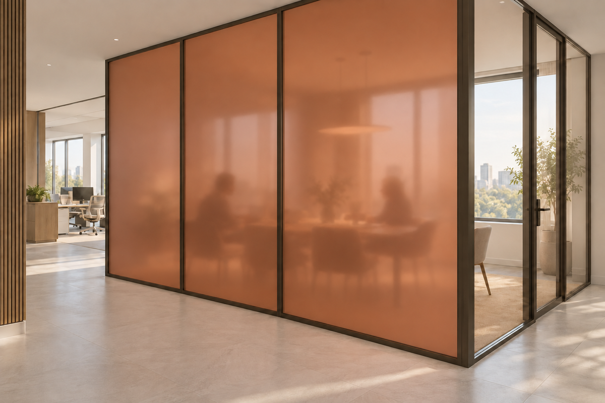 Concept rendering of Daycora Cinnamon frosted panels forming an office meeting-room privacy partition.