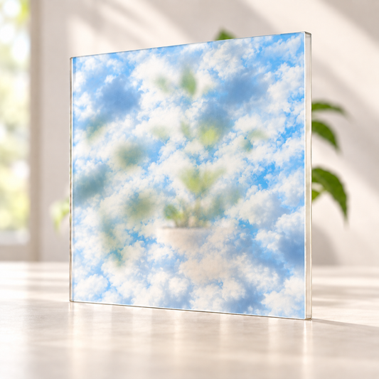 Cloudy Day digitally printed nature finish on a translucent frosted privacy panel, with daylight and softly diffused foliage visible through the panel.