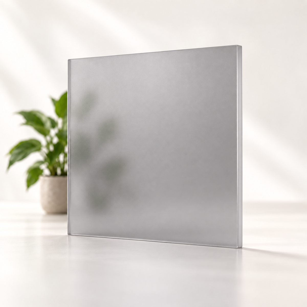 Concept rendering of Daycora Concrete translucent frosted sample panel diffusing light and obscuring a plant silhouette.