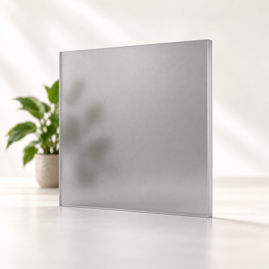 Concept rendering of Daycora Concrete translucent frosted sample panel diffusing light and obscuring a plant silhouette.