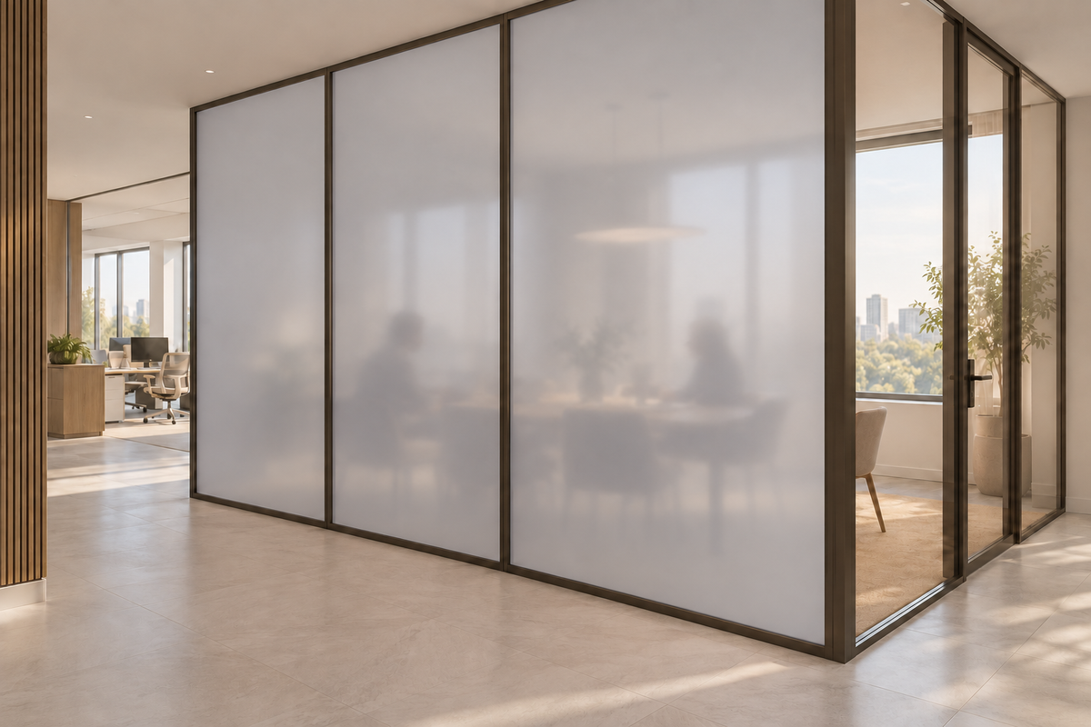 Concept rendering of Daycora Concrete frosted panels forming an office meeting-room privacy partition.