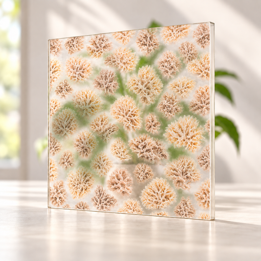 Coral Reef digitally printed nature finish on a translucent frosted privacy panel, with daylight and softly diffused foliage visible through the panel.