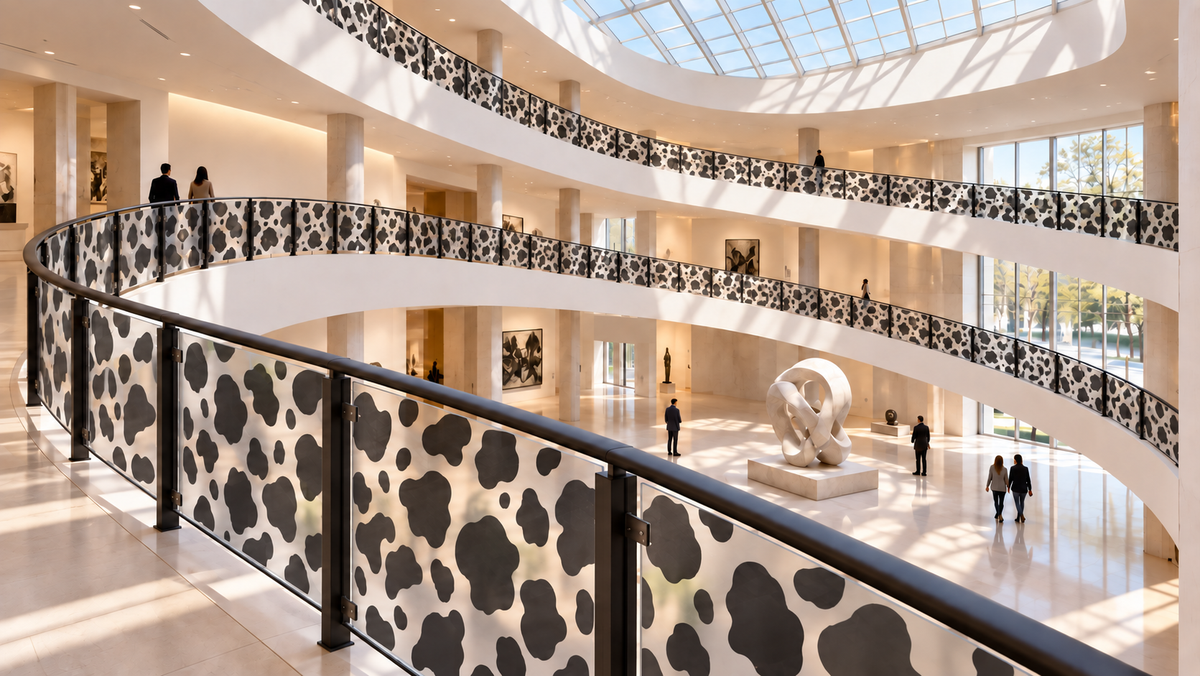 Cowprint printed on translucent frosted railing panels in a museum lobby.