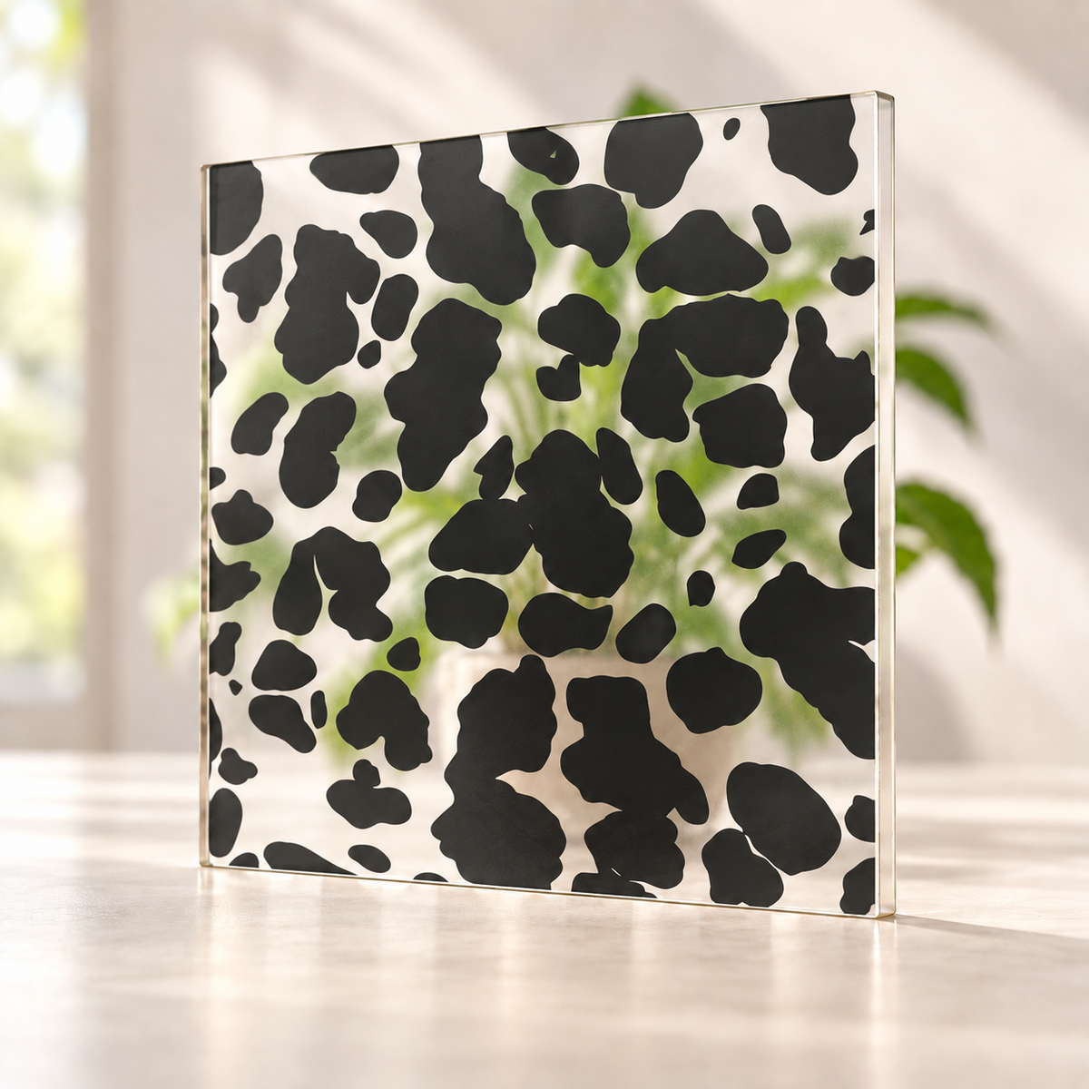 Cowprint printed pattern on a translucent frosted panel, with softly diffused foliage visible through the unprinted spaces.