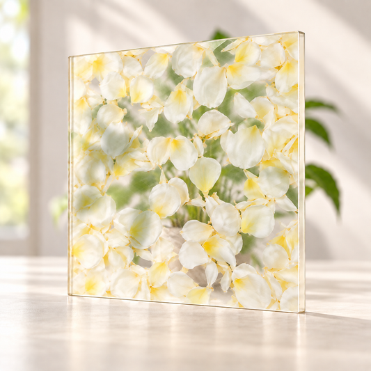Cream Petals digitally printed nature finish on a translucent frosted privacy panel, with daylight and softly diffused foliage visible through the panel.