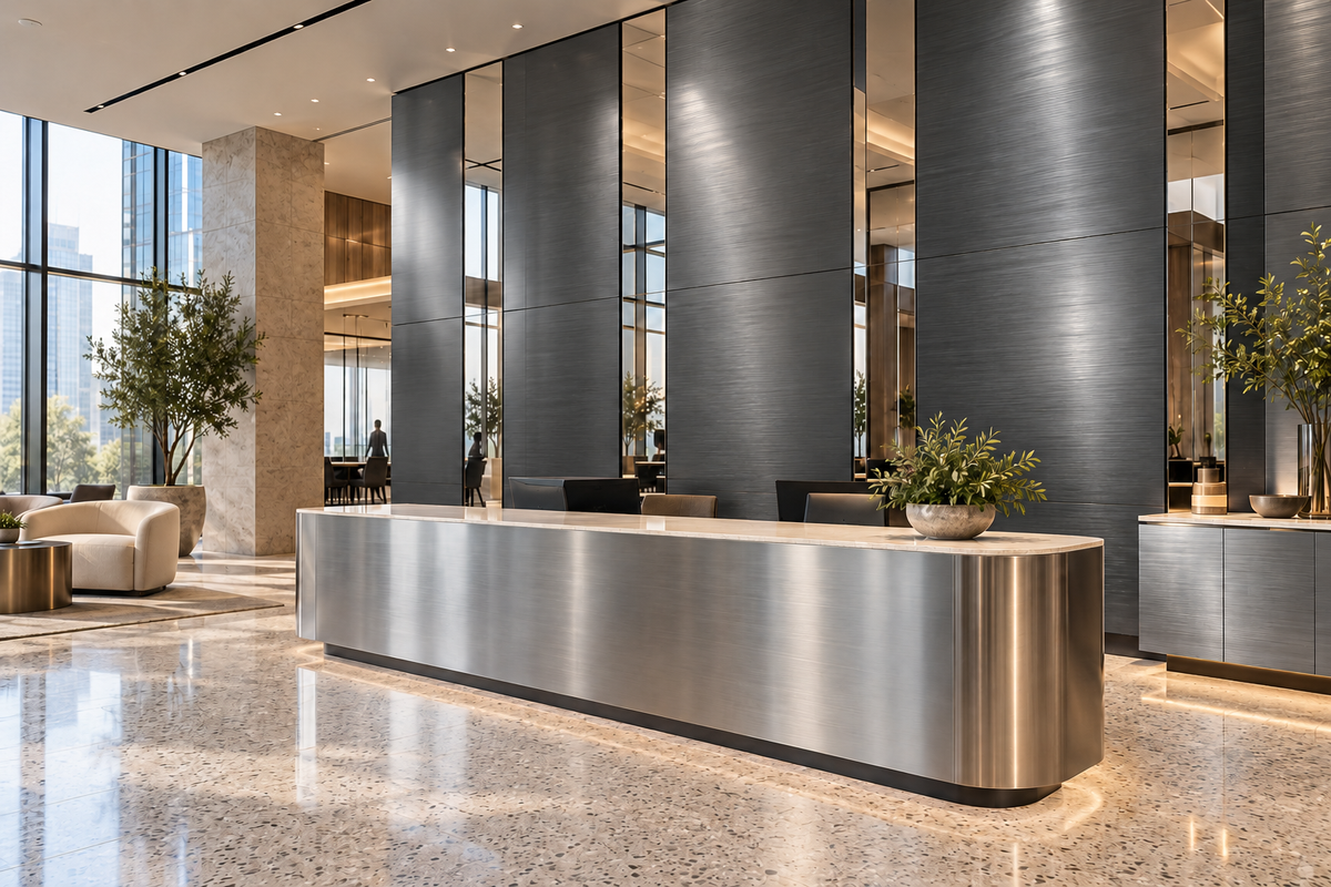 Illustrative office lobby with Dark Silver Metallics wall panels and cabinet fronts, polished mirror accents and brushed silver reception furniture.