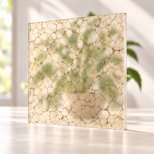 Desert Sands digitally printed nature finish on a translucent frosted privacy panel, with daylight and softly diffused foliage visible through the panel.