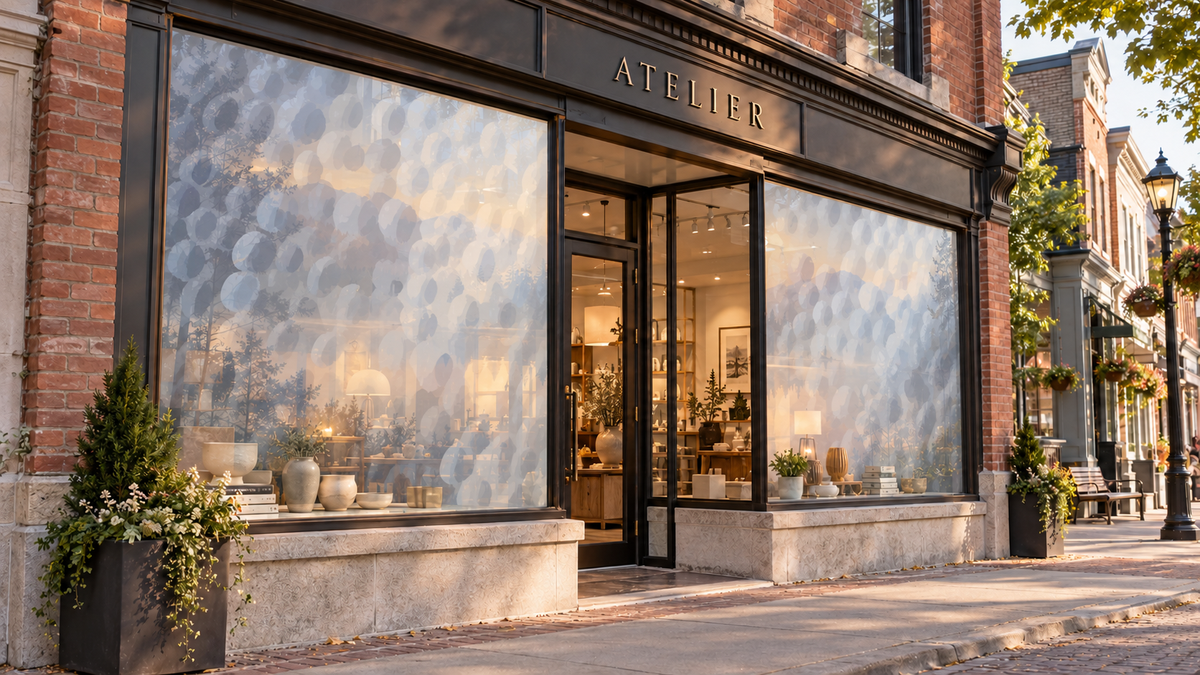 Dimpled printed on translucent boutique storefront privacy panels; application concept.
