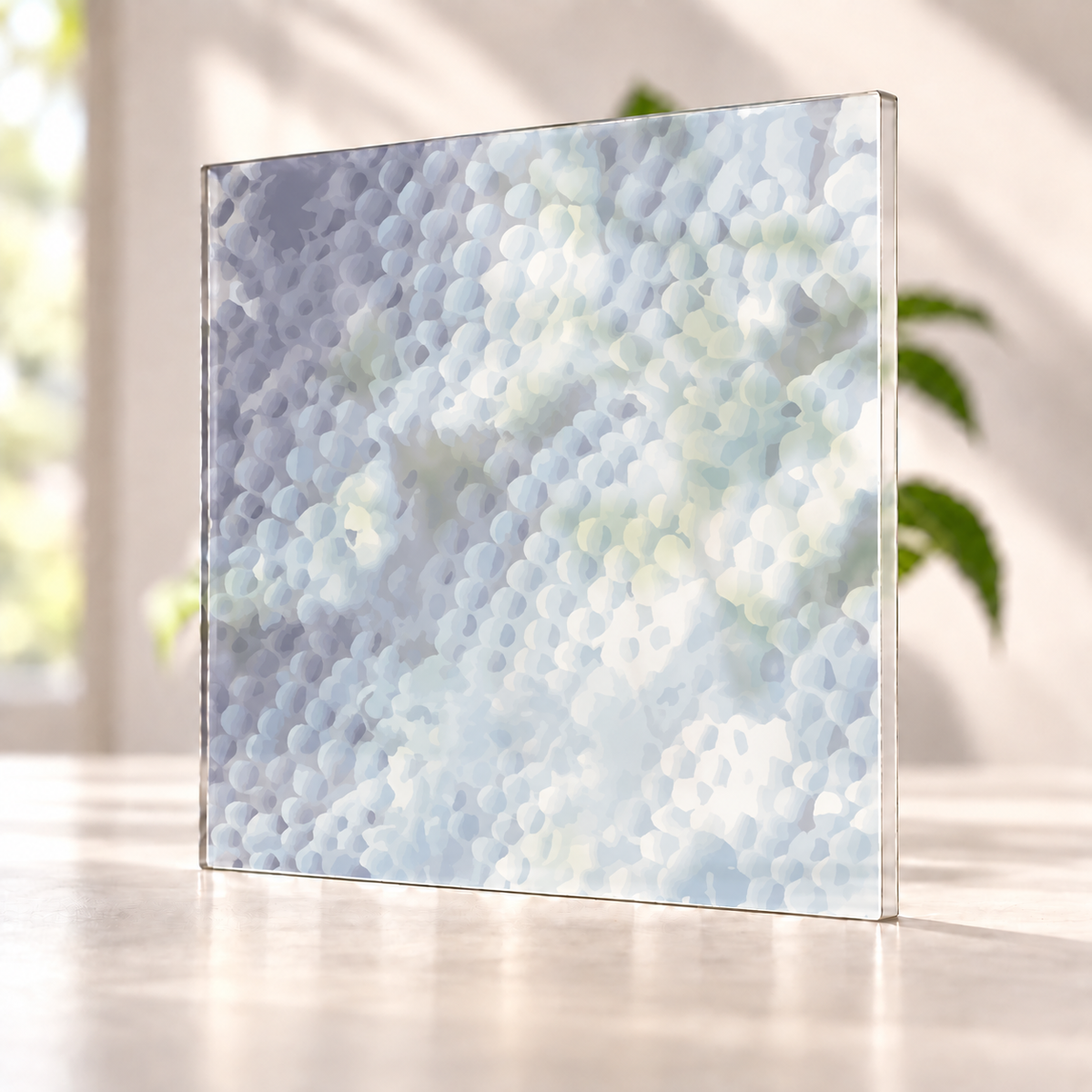 Dimpled digitally printed on a translucent Daycora sample panel, with light visible through the finish.