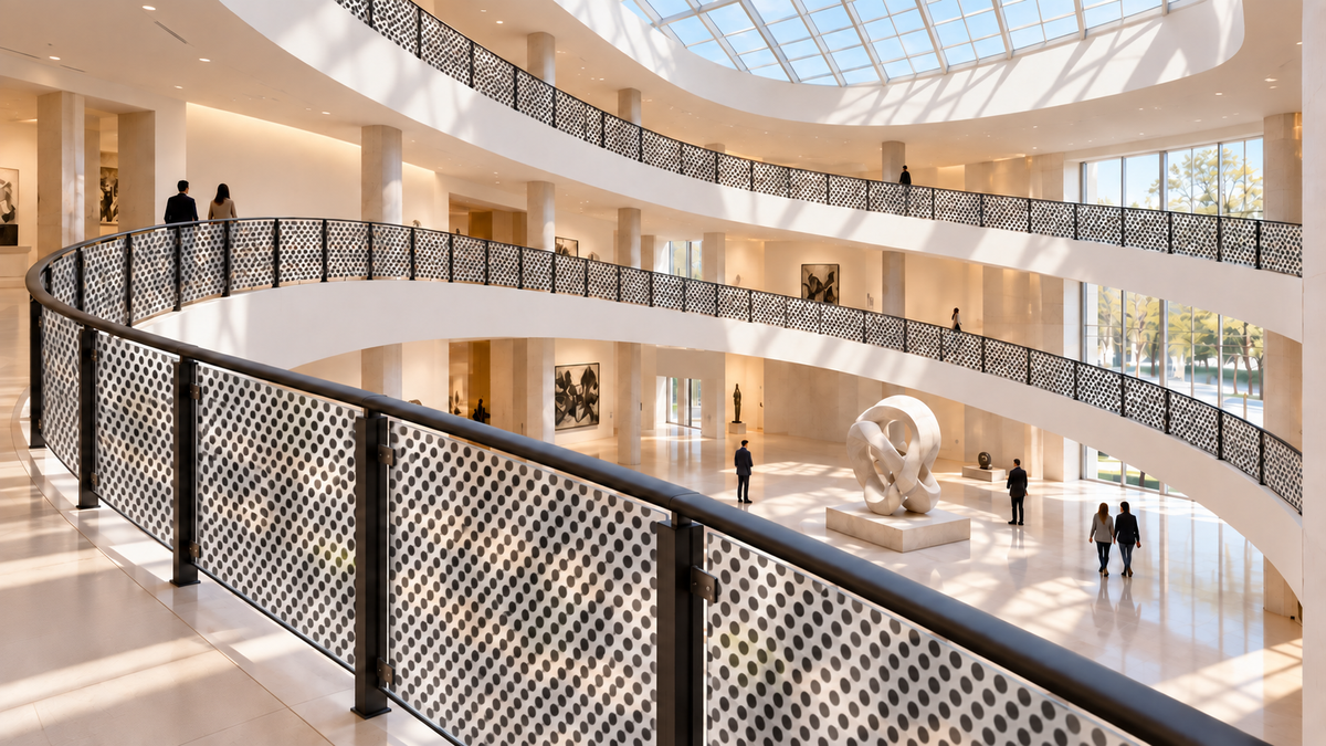 Dotted Print printed on translucent frosted railing panels in a museum lobby.