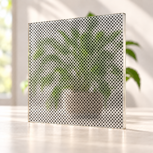 Dotted Print printed pattern on a translucent frosted panel, with softly diffused foliage visible through the unprinted spaces.
