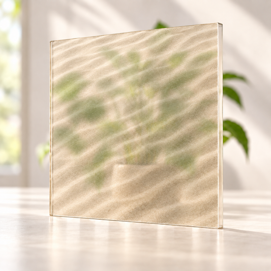Dunes digitally printed nature finish on a translucent frosted privacy panel, with daylight and softly diffused foliage visible through the panel.