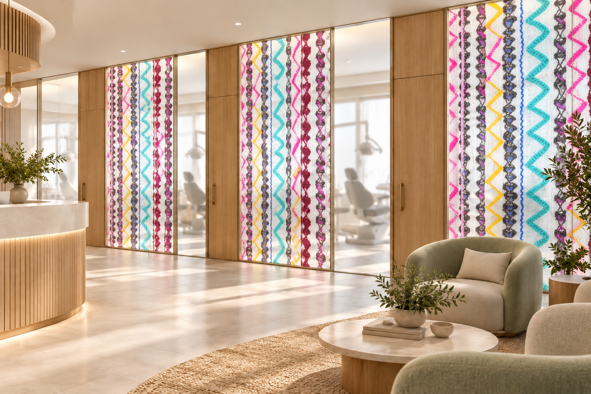 Embroidery — dental office translucent privacy panels, application concept.