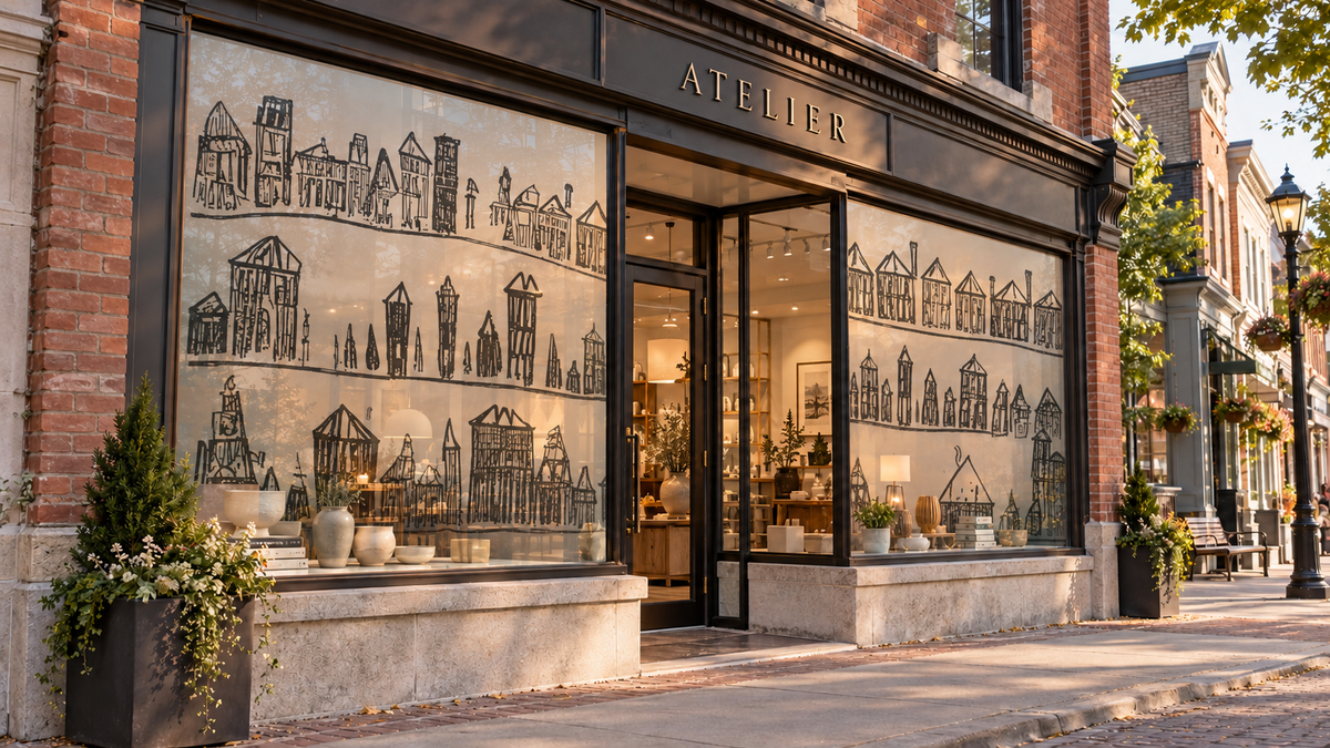 Etched Town printed on translucent boutique storefront privacy panels; application concept.