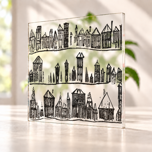 Etched Town digitally printed on a translucent Daycora sample panel, with light visible through the finish.