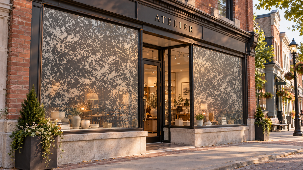 Etchy printed on translucent boutique storefront privacy panels; application concept.