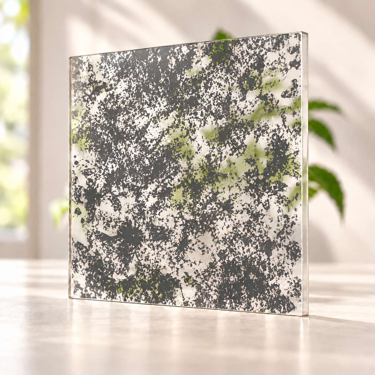Etchy digitally printed on a translucent Daycora sample panel, with light visible through the finish.