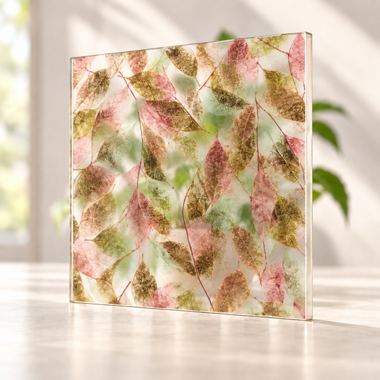 Fallen Leaves digitally printed nature finish on a translucent frosted privacy panel, with daylight and softly diffused foliage visible through the panel.