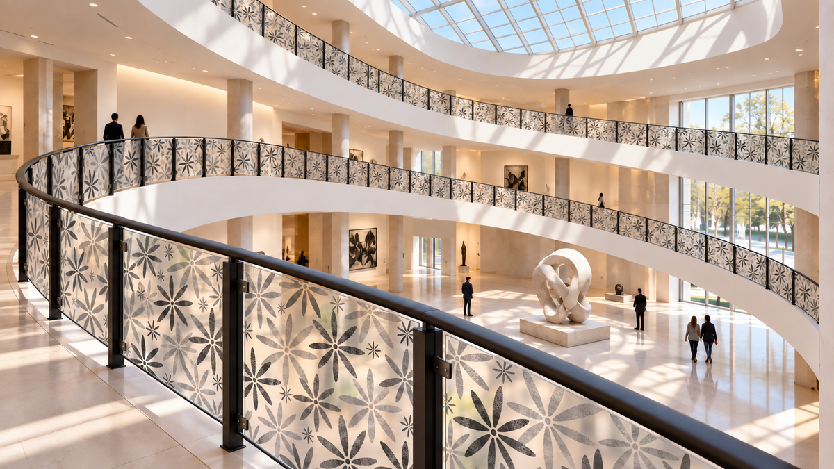 Flower Power printed on translucent frosted railing panels in a museum lobby.
